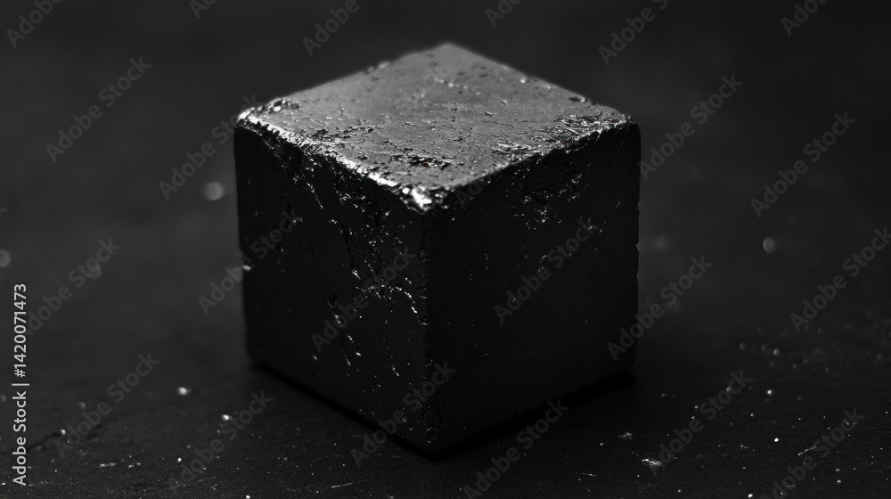 Poster a singular black cube object resting on a dark surface