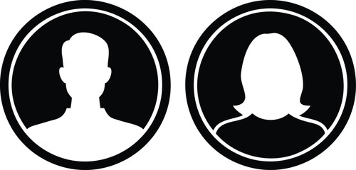 White Silhouette User Avatar Icons – Male and Female Profile Vector Set in Dark Circular Frames for Website UI, Contact Icons, App Interfaces, Social Media Profiles, and Business Identity Graphics

