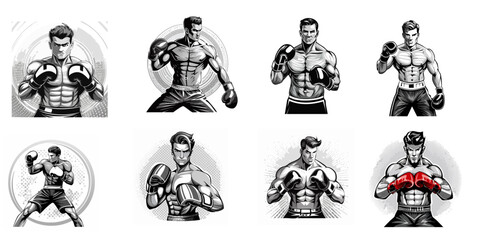 Set of strong boxer silhouettes in pop art style. White background.