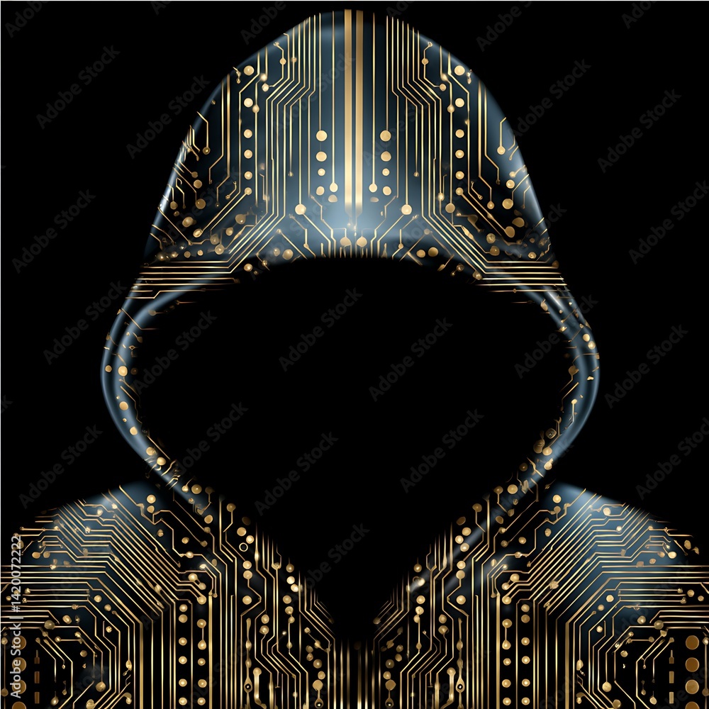 Poster digital circuit hood figure encrypted identity secure technology cyberpunk concept exploration.