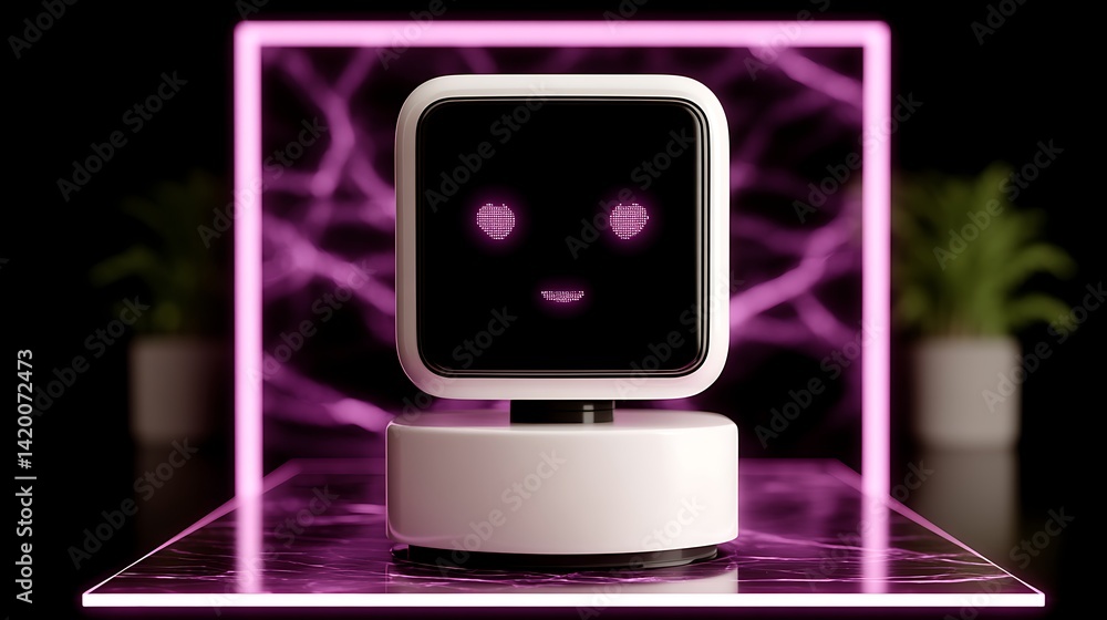 Poster digital companion device glowing with affectionate heart eyes expression and neon light display box.