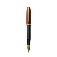Elegant classic fountain pen with gold nib black body and gold accents on clip and cap on transparent background for writing stationery or office supplies.