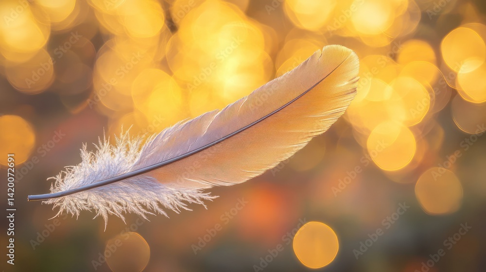 Poster a single feather floating with an illuminated blurred background