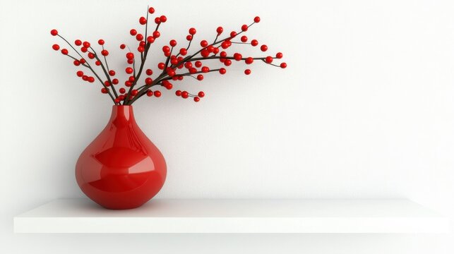 Bold red flower vase resting on a floating shelf in a bright white room