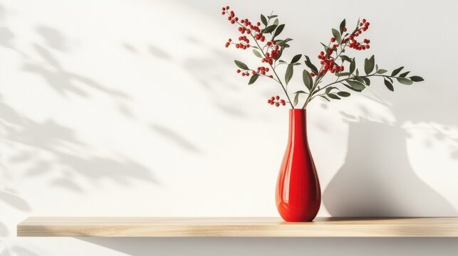 Bold red flower vase resting on a floating shelf in a bright white room
