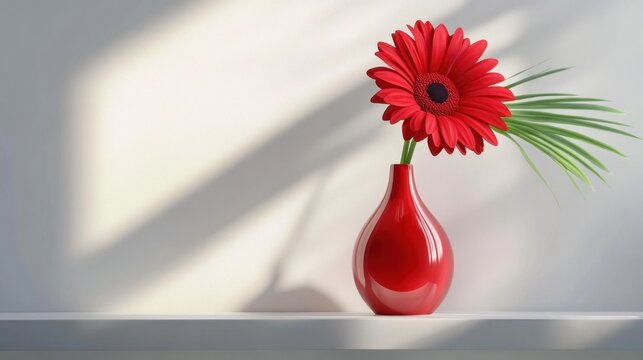 Bold red flower vase resting on a floating shelf in a bright white room
