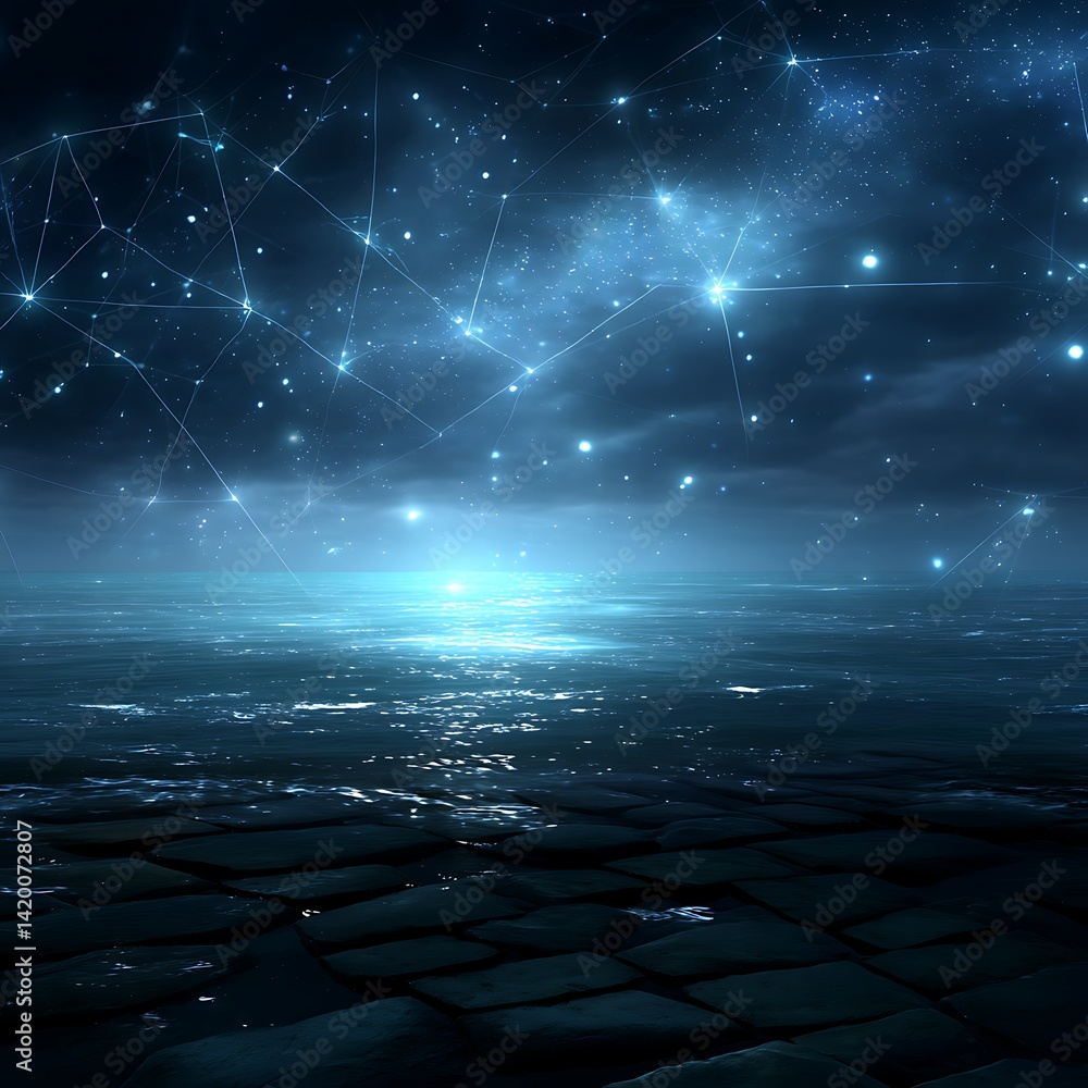Aufkleber digital constellation over ocean surface futuristic network data visualization and ocean floor tiles