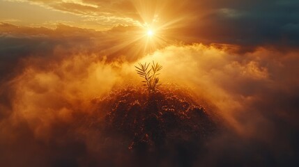 Fototapeta premium Sunrise over a misty mountain with a lone plant thriving