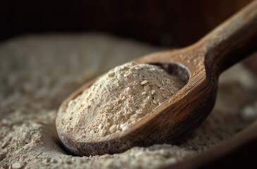 Close-up of a wooden bailer filled with moringa powder.