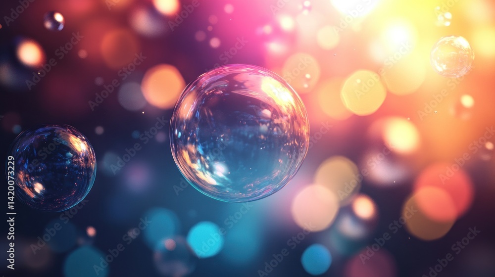 Poster glowing transparent bubbles float against a colorful background of lights