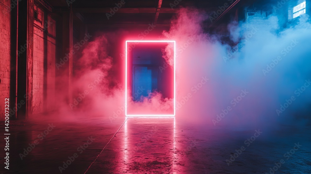 Poster a shining rectangle gateway enveloped by rose and cerulean fumes on a glossy surface pattern