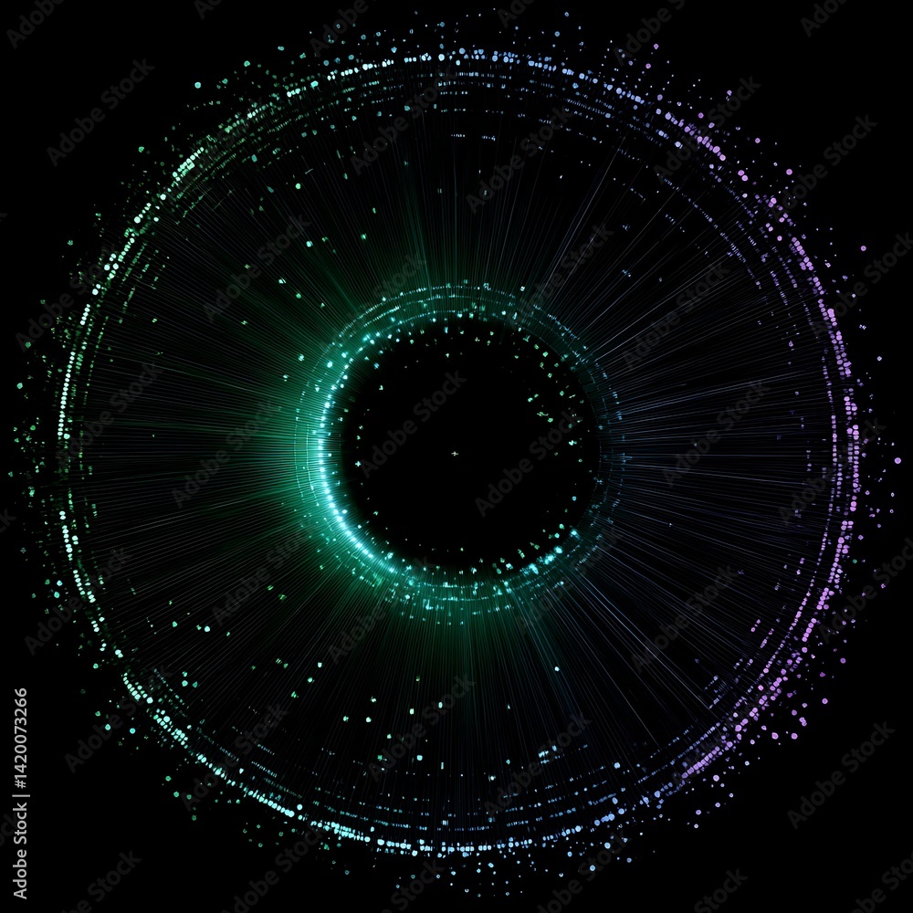 Poster digital data orbit with radiating lines in cyberspace represents connectivity and futuristic design.