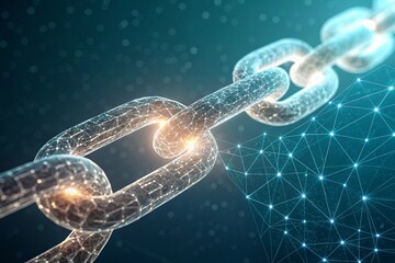 A close-up of a digital chain link, rendered as a luminous network of interconnected points - generated by ai