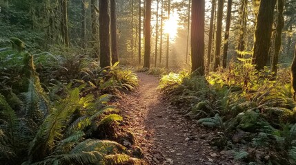 Obraz premium Forest path, sunset light, ferns, trees.
