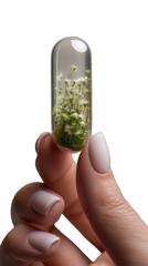 Close-up of a transparent capsule full of herbs held between the fingers of a female hand. Concept of natural medicine and herbalism. Transparent background.