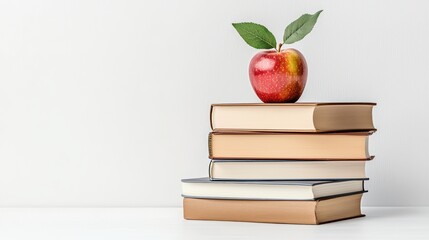 Red apple on stack of books against white background