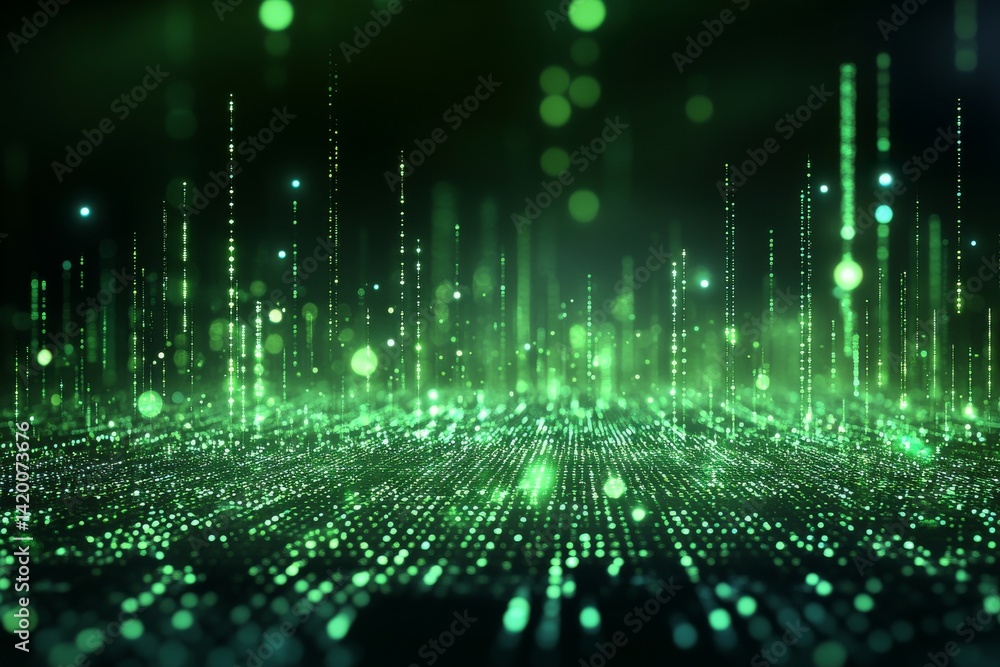 Poster a dark background serves as the setting for a green line graph, binary code, and scattered bokeh eff