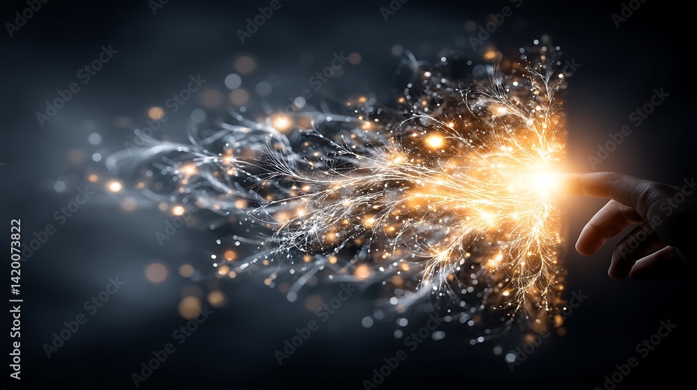 Poster digital energy flow emanating from a human finger tip with abstract glowing particles and light.