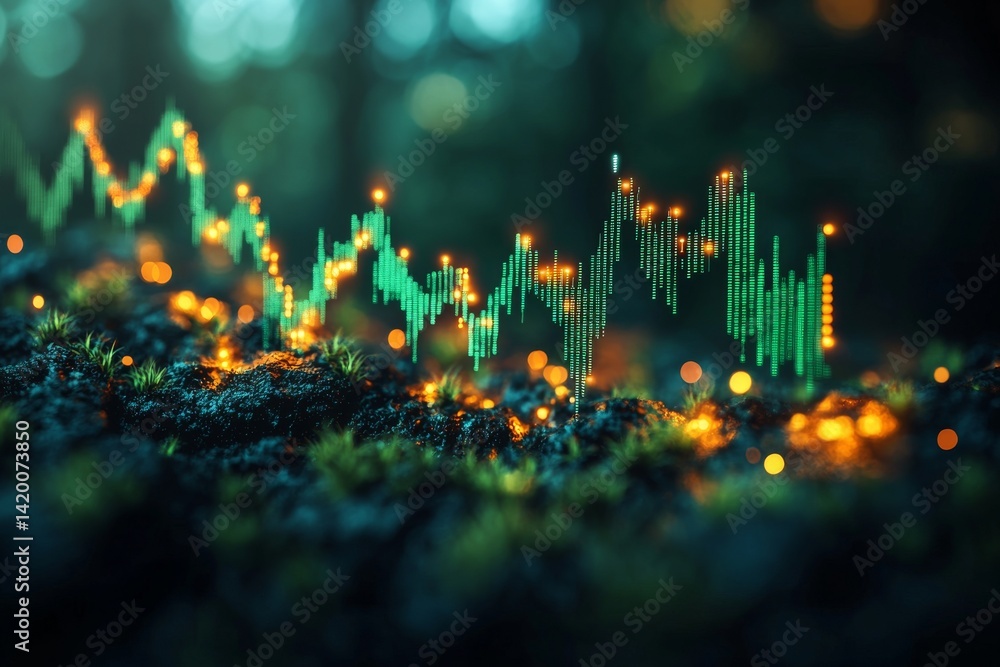 Poster binary code and scattered bokeh effect lights are set against a dark background, with a prominent gr