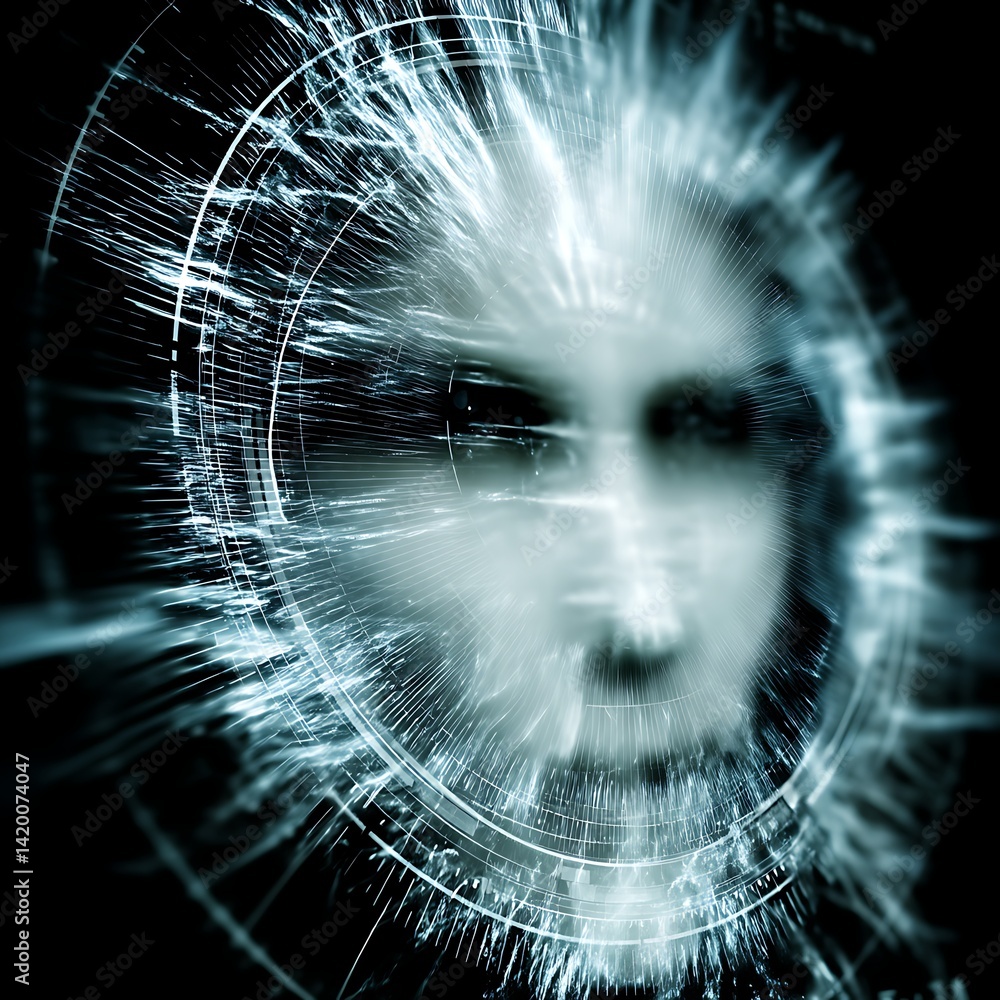 Poster digital face overlayed with techno spheres creating a futuristic illusion of technological singulari