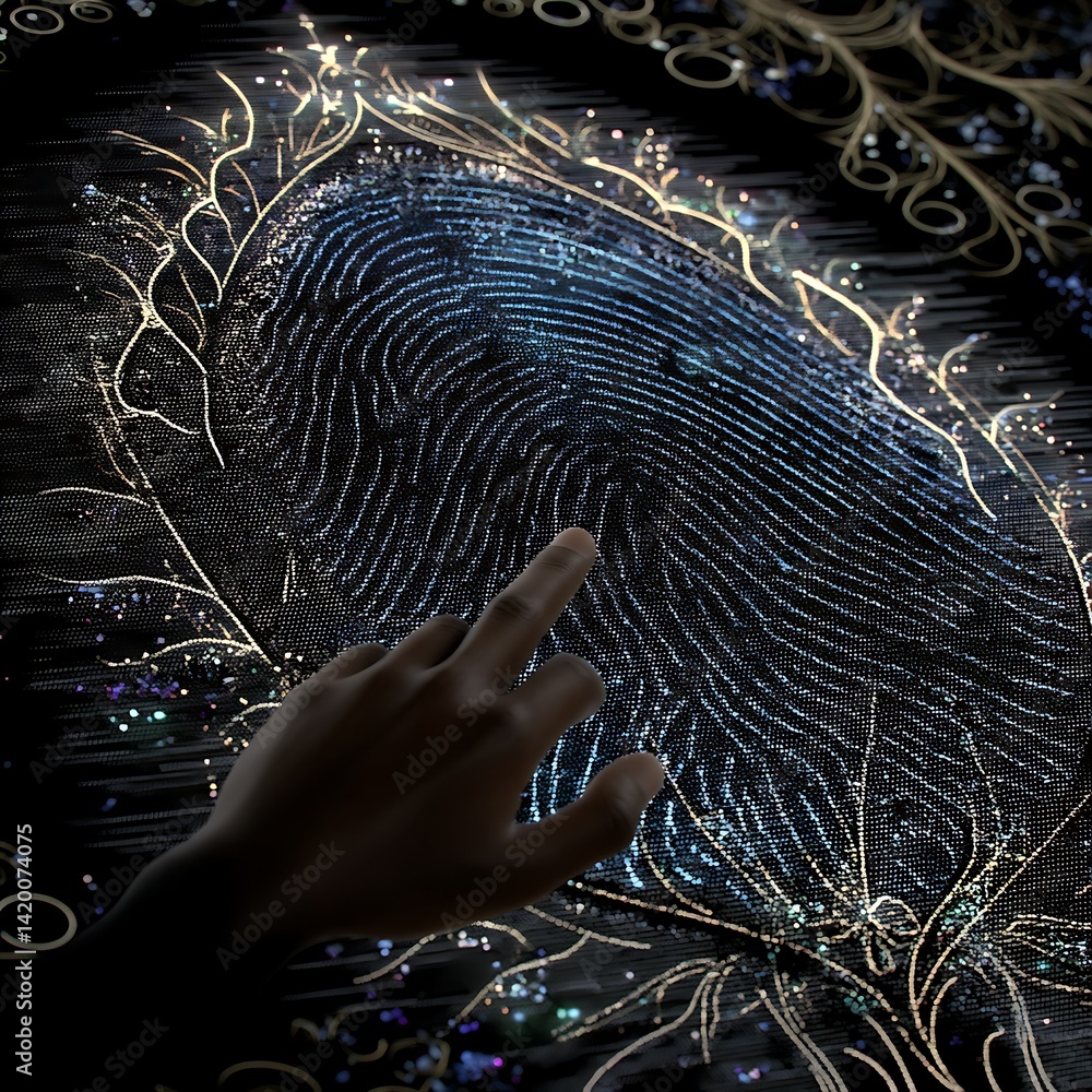 Poster digital fingerprint activation hand touching future technology authentication access connection secu