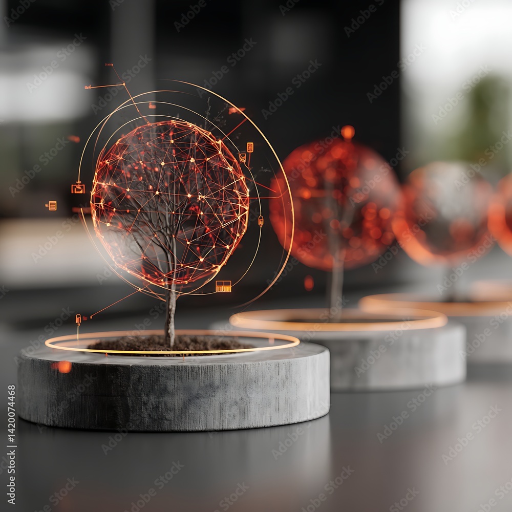 Poster digital growth plant trees with network connection and glowing technology communication circles.