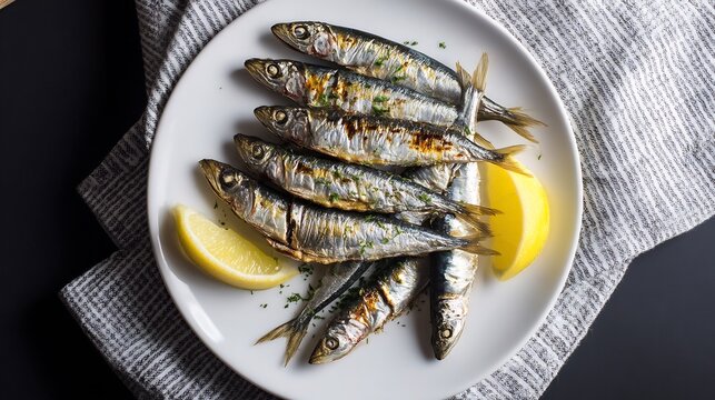 Spanish grilled sardines known boquerones served on a white ceramic plate with lemon wedges top down view on a clean black and white minimalist background
