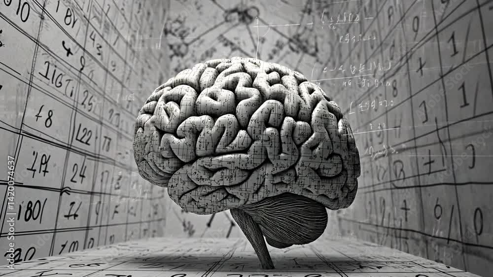 Poster human brain with math formulas and numbers concept, intelligent data processing