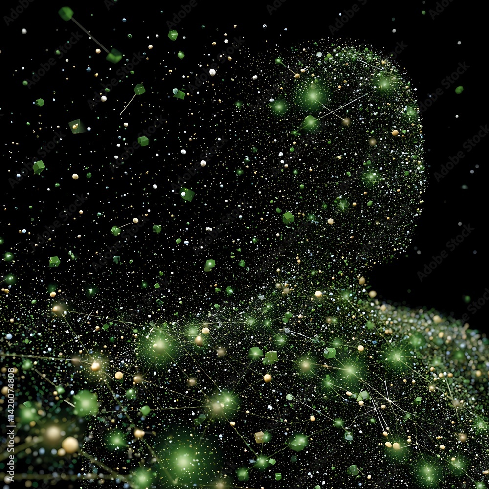 Poster digital human conceptualization futuristic figure with connected dots and nodes on black backdrop.