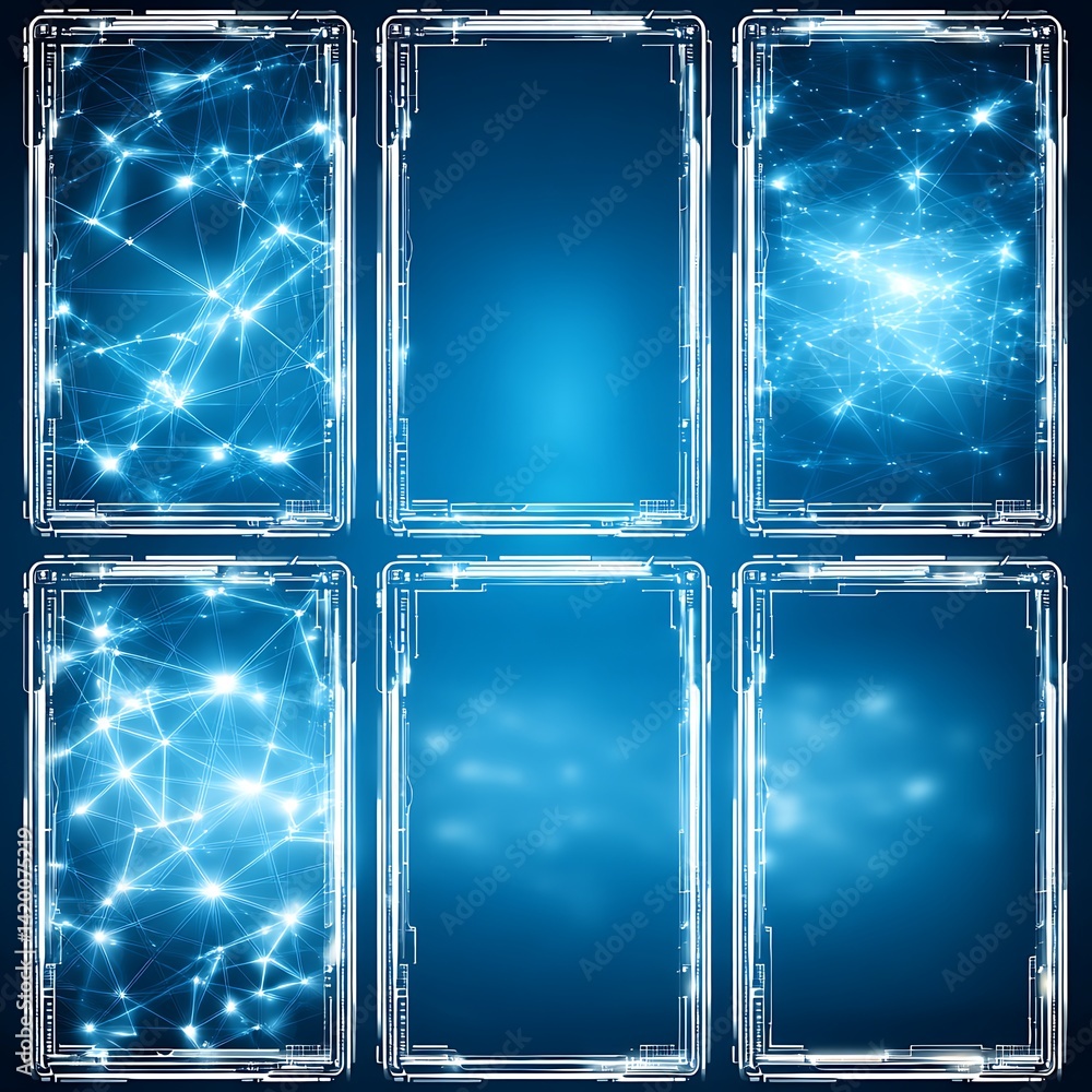 Poster digital interface futuristic design with glowing networks abstract technology screens illustration.