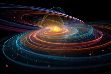 Electrons orbit glowing atom as luminous ribbons swirl in deep space
