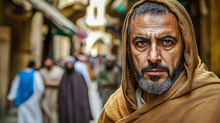 Obraz premium The image is a close-up of a bearded man with his head covered, looking directly and intensely at the viewer, with other men nearby appearing blurred