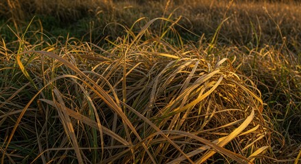 Golden grasses in the late afternoon sun light landscape meadow