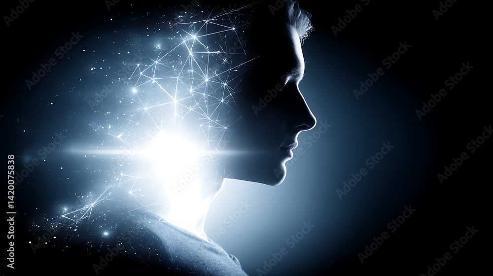Poster digital mind connection human profile with technological neural network and artificial intelligence.