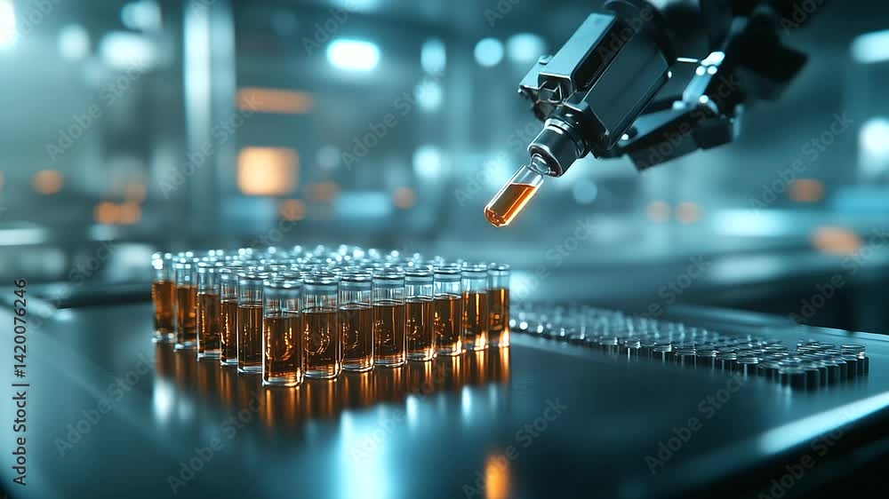 Aufkleber a high-resolution close-up of a mechanical arm delicately maneuvering vials, guided by an ai-powered