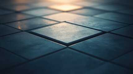 A textured surface composed of square tiles reflecting warm light