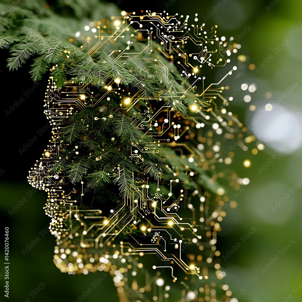 Poster digital neural network silhouette merged with green foliage representing advanced computational biol