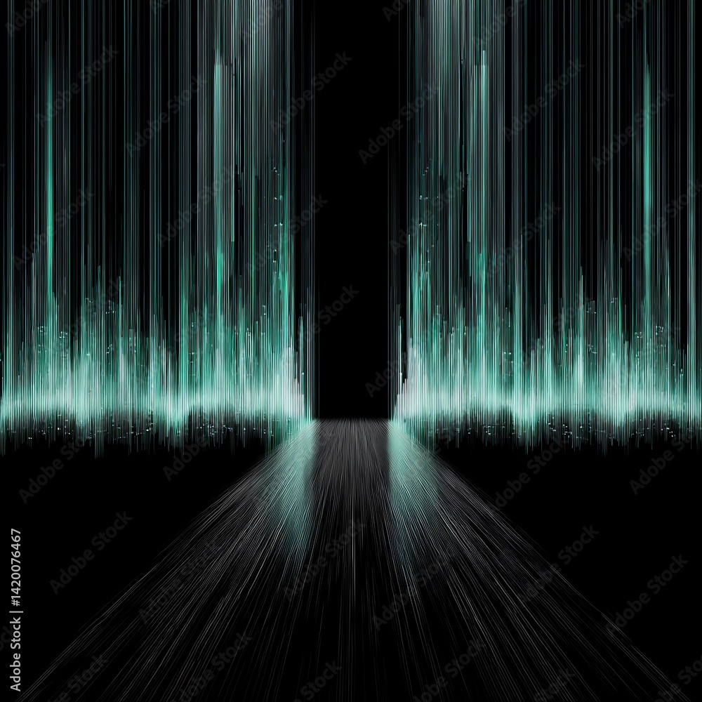 Poster digital pathway illuminated with cyan streams and dark backdrop for technological exploration.