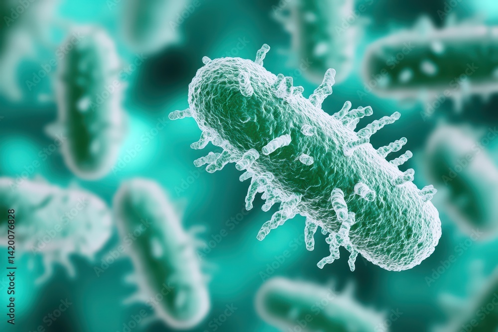 Poster microscopic view of green bacteria in a digital abstract background