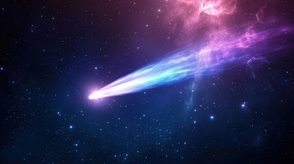 Vibrant Comet Streaking Through Starry Nebula, A stunning comet with a colorful tail flies across a deep space