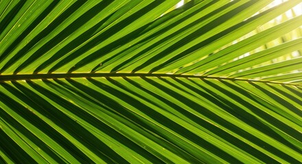 Sunlight Filtering Through a Vibrant Green Palm Leaf Frond Close-Up