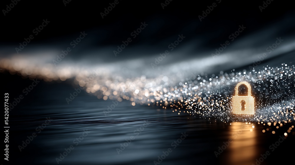 Poster digital security padlock with sparkling particle stream on dark surface conceptual data protection.