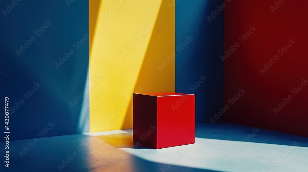 Poster a red cube stands in an abstract colorful geometric space