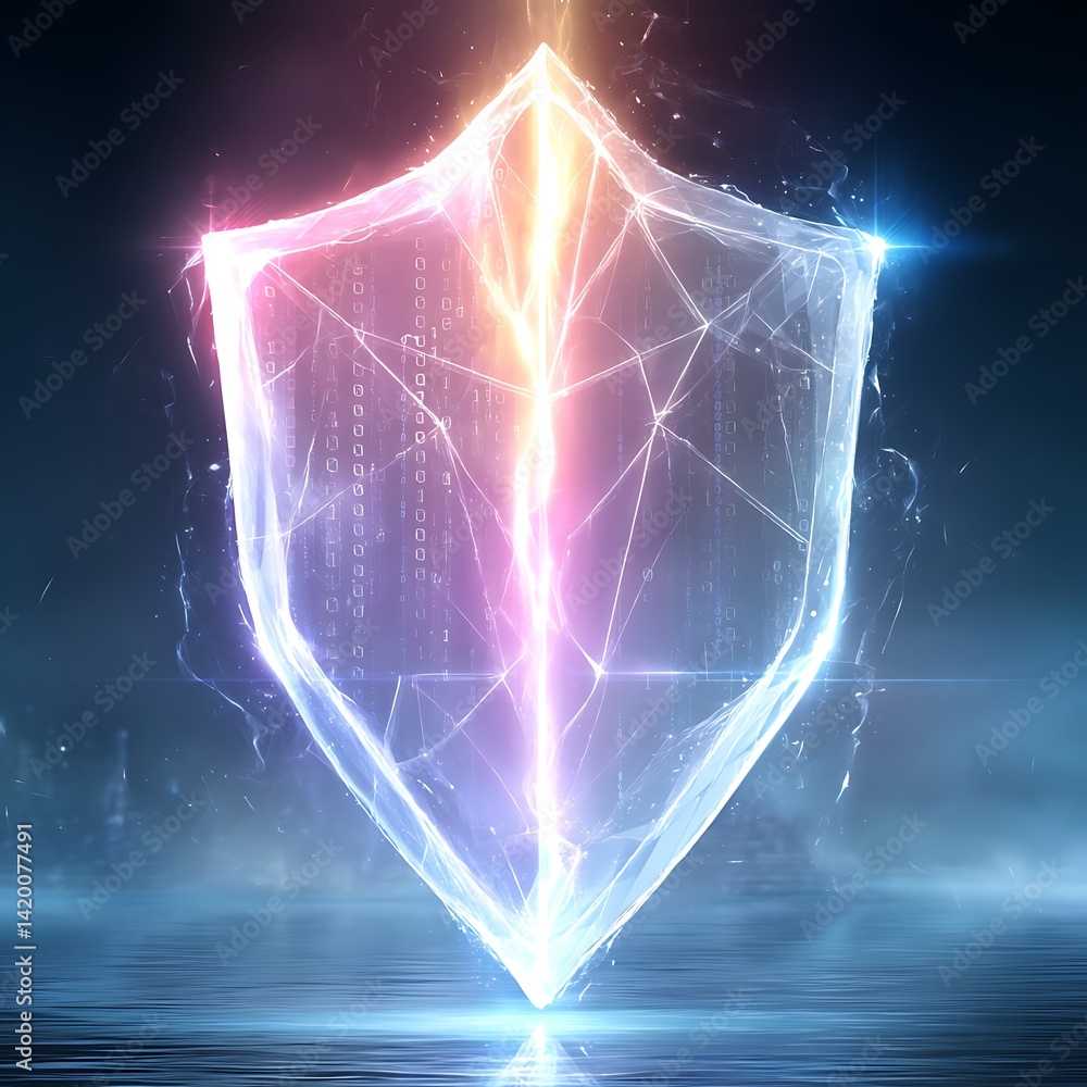 Poster digital shield protection concept illuminated with binary code and glowing light streaks design.