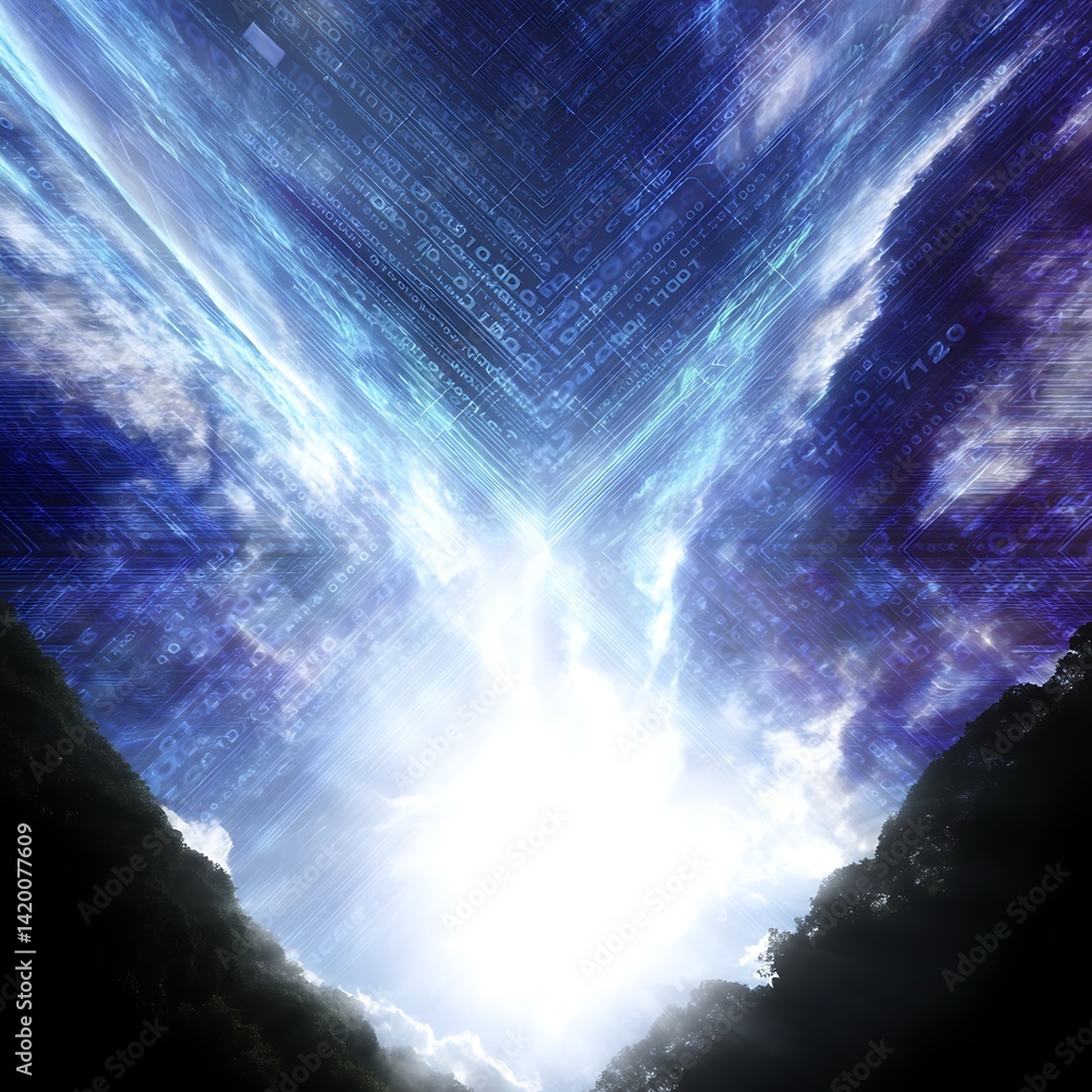 Aufkleber digital sky over ethereal forest with binary code and futuristic clouds in a sci fi concept.