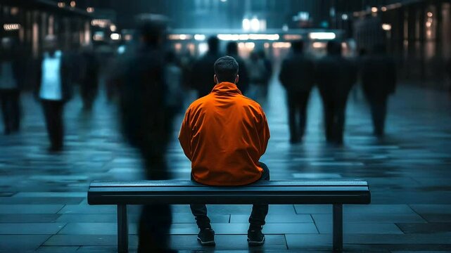 A lone figure in an orange jacket sits on a bench in a crowded metropolis, gazing into the distance as people around him remain indifferent to his presence