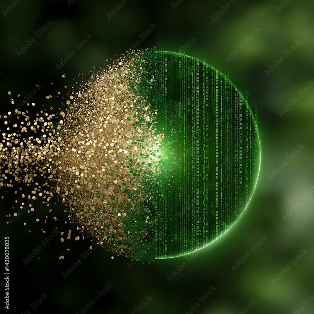 Poster digital transformation sphere encapsulating golden particle cloud evolving in virtual space time 92.