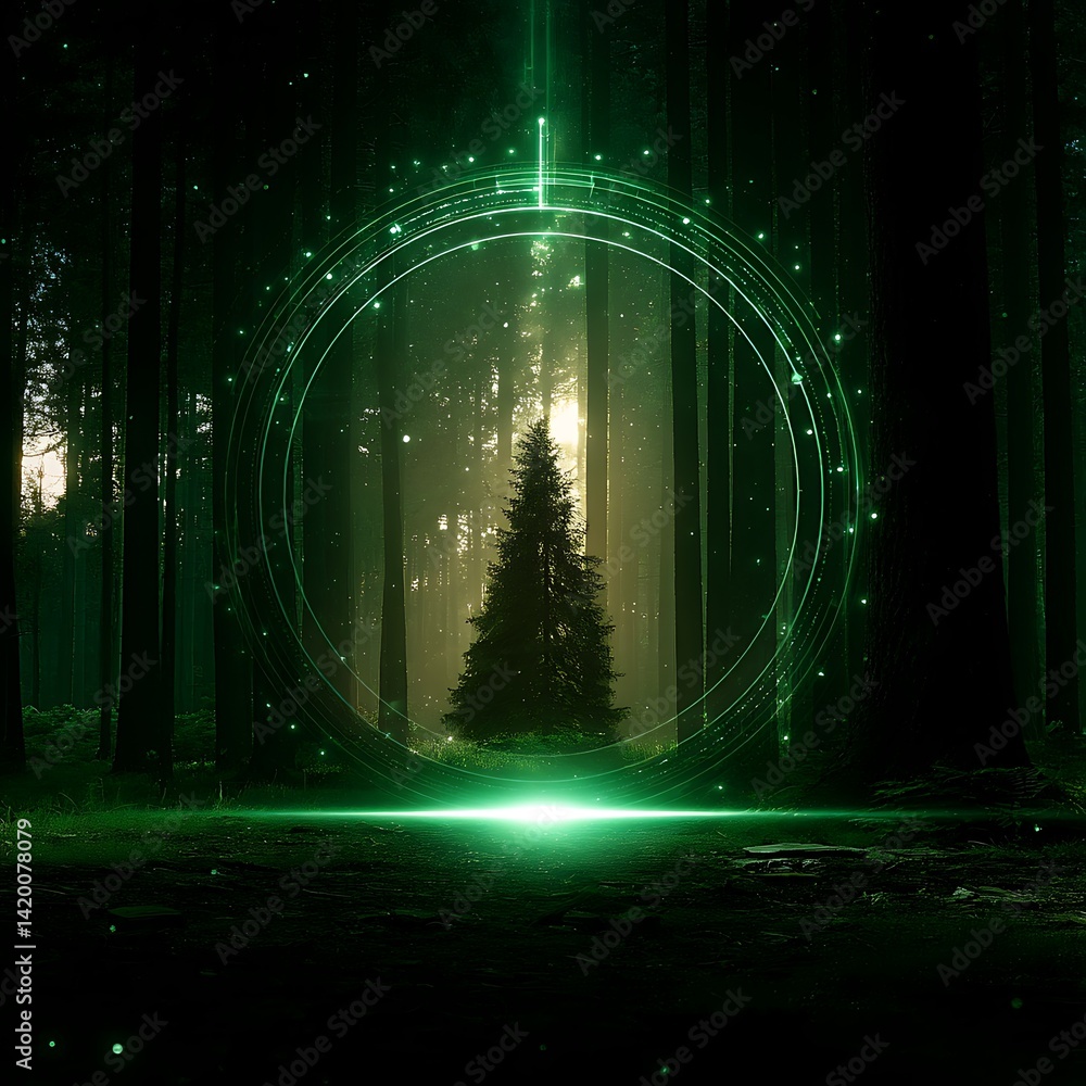 Poster digital tree enclosed in geometric forest portal illusion enhanced with bioluminescent effects.