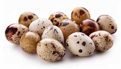 Obraz premium Variety of speckled quail eggs on white background