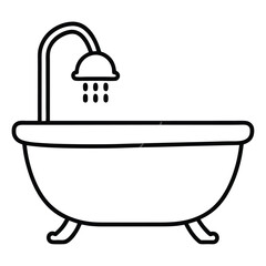 Bathtub with Shower Icon Outline, Minimalist Design on Transparent Background